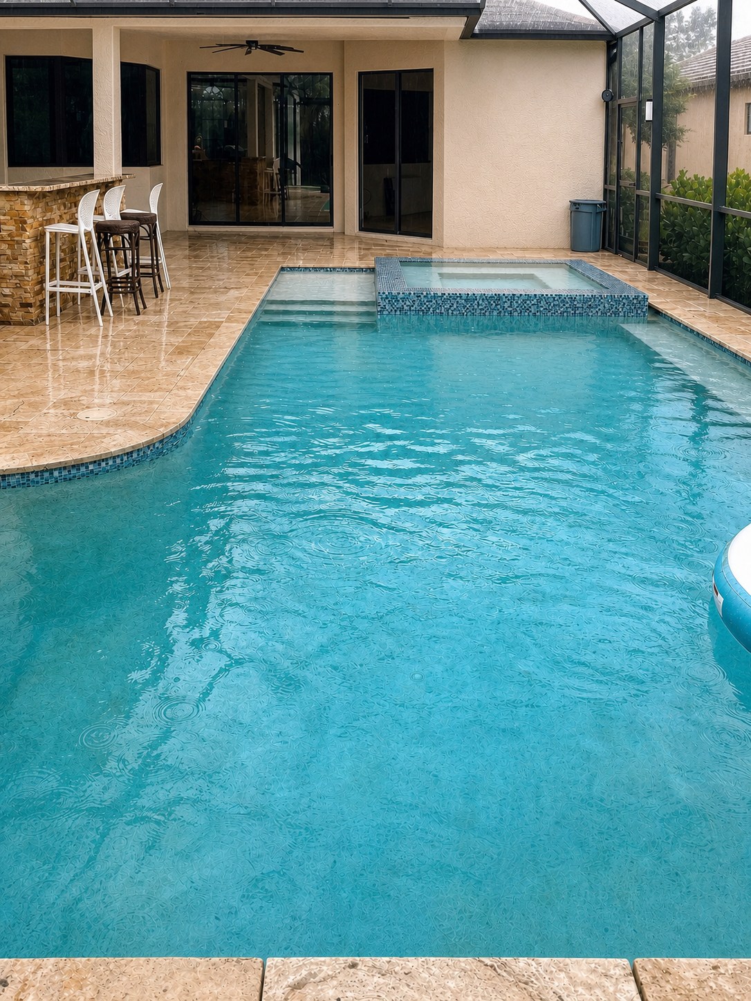 Clean screened-in swimming pool with an attached spa